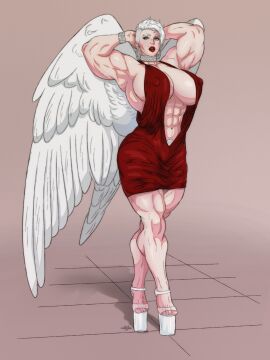 abs alexcherubic angel angel_wings armpits biceps blue_eyes breasts choker cleavage dress female female_only jewerly light-skinned_female light_skin lipstick makeup muscles muscular muscular_female original original_character platform_footwear platform_heels pubic_hair short_hair white_hair wings
