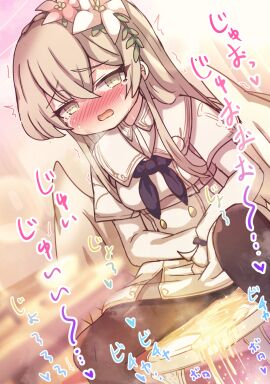 black_pantyhose blue_archive blush breasts brown_hair commentary_request crying crying_with_eyes_open dress female flower hair_flower hair_ornament hayasaka_(neoneet) highres long_hair long_sleeves medium_breasts nagisa_(blue_archive) nose_blush open_mouth paid_reward_available pantyhose peeing peeing_self solo sound_effects tears urine white_dress white_flower