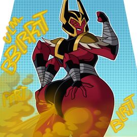 1girls 4_eyes 4_fingers alternate_version_available armor armored_female ben_10 ben_10_omniverse biting_own_lip cartoon_network english_text fart fart_cloud fart_fetish farting female female_only flexing hands_on_own_ass looma_red_wind multi_eye no_pupils onomatopoeia orange_eyes red_body red_skin tetramand thomzone wink winking_at_viewer yellow_eyes