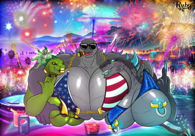4girls 4th_of_july big_breasts boob_squish breasts crossover female female_only flashing flashing_breasts godzilla godzilla_(series) hanna-barbera huge_breasts hyper_breasts large_breasts lesbian muscular muscular_arms muscular_female yuri zilla