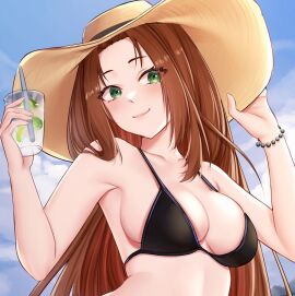 beach bikini brown_hair drink green_eyes long_hair sunhat swimsuit zavalr
