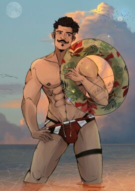 1boy abs artist_signature beach beauty_mark biceps big_bulge bigbaraboi birds bulge chest_hair clouds dark_hair dorian_pavus dragon_age dragon_age_inquisition facial_hair gay_male hairy_chest hanamuransfw human jockstrap light-skinned_male light_skin mage male male_only male_pubic_hair mole moustache muscles muscular muscular_male nipple_piercing nipples outdoors outside pecs piercing pubic_hair sea seaside solo solo_male standing standing_position sunset underwear yaoi
