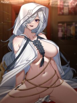 :q artist_name bare_shoulders blurry blurry_background bookshelf bottomless breasts chains cloak collarbone commentary counter:side depth_of_field dot_nose female gold_chain grey_hair groin hair_over_one_eye highres hood hooded_cloak large_breasts long_hair looking_at_viewer magnet_(akwlspt) merlin_(counter:side) naked_cloak navel one_eye_covered open_mouth purple_eyes sitting solo spread_legs stomach teeth tongue tongue_out upper_teeth white_cloak