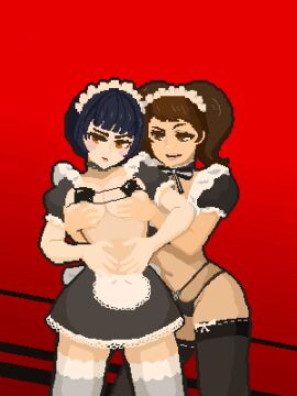 2girls 3:4 animated animated_gif areola becky_(persona) big_breasts black_hair blush breast_grab breasts brown_eyes brown_hair dialogue female female_only fondling_breast gif grabbing_breasts half_naked klajksf large_breasts loop maid maid_headdress maid_outfit maid_skirt maid_uniform megami_tensei multiple_females multiple_girls persona persona_5 pixel_(artwork) pixel_animation pixel_art reverse_maid_uniform sadayo_kawakami skirt tae_takemi text text_box thighhighs twintails vertical_video yuri