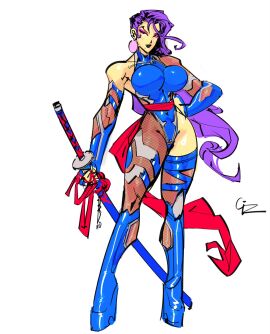 1girls asymmetrical_bodysuit asymmetrical_legwear bimbo blue_bodysuit bodysuit bolt_on_tits breast_implants breasts earrings female fishnets gizmotic implants impossible_clothes large_breasts marvel marvel_comics platform_footwear psylocke_(kwannon) purple_eyeliner purple_eyes sheathed single_leg_bodysuit sword taimanin_(series) taimanin_suit x-men