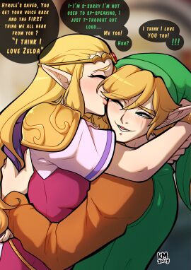 1boy 1girls blonde_hair blue_eyes blush closed_eyes dialogue echoes_of_wisdom english_text female hi_res hugging i_love_you kinkymation link link_(echoes_of_wisdom) long_hair male narrowed_eyes nintendo one_eye_closed pointy_ears princess_zelda speech_bubble text the_legend_of_zelda wholesome zelda_(echoes_of_wisdom)