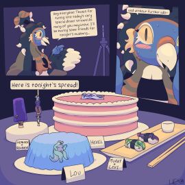 absurd_res ambiguous_gender anthro avian bird blush bondage bound cake cooking_with_furs crocodile crocodilian dessert dialogue eel female fish food food_fetish food_play gelatin group hemlock_(scalesack) hexel_(scalesack) hi_res hog-nosed_snake imminent_vore jell-o kebab leopard_seal levi_(scalesack) livestream lotus_(scalesack) male mammal marine merle_(bxxpie) mukbang murky_(scalesack) mythological_creature mythological_scalie mythology pinniped popsicle questing_beast reptile reuben_(scalesack) scalesack_(hex) scalie seal skewer snake speech_bubble sushi