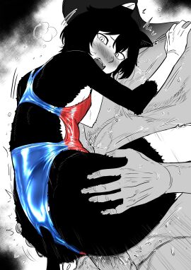 1boy absurdres alternate_costume animal_ears black_fur black_hair blush body_fur breasts cat_ears cat_girl cat_tail clothed_female_nude_male clothed_sex competition_swimsuit dungeon_meshi erection female from_below furry furry_female greyscale hands_on_another's_hips hands_on_another's_shoulders highres izutsumi kaiman_garupan lifting_person looking_back male mismatched_animal_ear_colors monochrome motion_lines multicolored_swimsuit nose_blush nude one-piece_swimsuit partially_colored penis pussy pussy_juice sex short_hair small_breasts steaming_body straight sweatdrop swimsuit tail upright_straddle vaginal_penetration white_fur