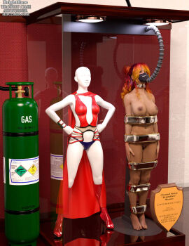 1girls 3d bound bound_arms bound_legs completely_nude female female_only full_body mannequin nude nude_female original solo superheroine thejpeger trophy_case unconscious unconscious_female