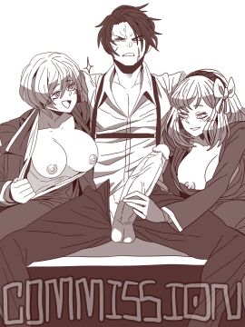 1boy 2girls annoyed b2k big_penis breasts commission don_quixote_(limbus_company) female ffm_threesome handjob heathcliff_(limbus_company) ishmael_(limbus_company) large_breasts limbus_company male nipples penis presenting_breasts project_moon sitting spread_legs