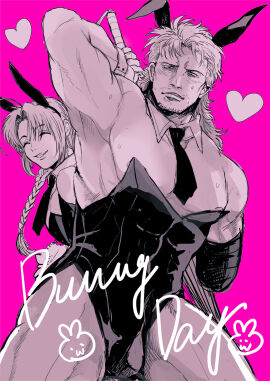 2boys abuto alternate_costume amputated_arm amputee arm_up armpit bara bulge bunny_ears bunnysuit crossdressing detached_collar dilf gintama kamui_(gintama) long-haired_male long_hair looking_at_viewer male male_only male_playboy_bunny masculine_crossdresser mature mature_male mullet muscular muscular_male necktie nipple_slip ottori pecs pink_background stubble sweat yaoi