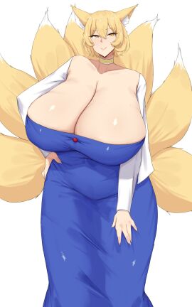 1girls animal_ears big_breasts blonde_hair breasts cleavage clothed_female female fox_ears fox_girl huge_breasts kitsune light-skinned_female light_skin mature_female multi_tail omikami ran_yakumo smile solo solo_female tail touhou white_background yellow_eyes yellow_hair