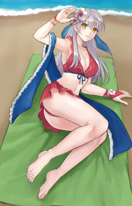 1girls absurdres alternate_costume arm_up armpits ass bare_legs bare_shoulders barefoot beach big_ass bikini breasts cleavage female female_only fire_emblem fire_emblem:_radiant_dawn fire_emblem_heroes flower grey_hair hair_flower hair_ornament hazuki_(nyorosuke) highres large_breasts legs micaiah_(fire_emblem) micaiah_(summer)_(fire_emblem) navel nintendo ocean official_alternate_costume outdoors red_bikini red_swimsuit solo stomach swimsuit thighs water white_flower yellow_eyes