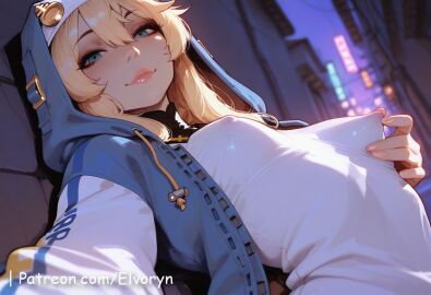 1girls ai_generated big_ass blonde_hair blue_eyes breasts bridget color elvoryn eyebrows_visible_through_hair female female_on_cloth guilty_gear guilty_gear_strive highres lighting long_hair looking_at_viewer middle_breast mischievous_smile outdoors sideboob smile solo standing tagme thick_thighs tongue_out