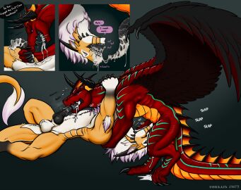 2023 69_position anthro anthro_on_anthro anthro_penetrated anthro_penetrating anthro_penetrating_anthro arelus balls black_penis bodily_fluids claws cum cum_in_mouth cum_inside cum_on_penis cutaway deepthroat dialogue dragon drinking drinking_cum duo ejaculation erection european_mythology felkin fellatio fur genital_fluids genitals hi_res horn hybrid_genitalia hybrid_penis irrumatio knot male male/male medial_ring medial_ringed_hybrid_penis mythological_creature mythological_scalie mythology neck_bulge oral oral_penetration penetration penile penis penis_grab penis_in_mouth purple_eyes red_body scalie sex simple_background snowfoot sound_effects sucking tail teeth text throat_swabbing western_dragon wing_claws wings yellow_body yellow_fur