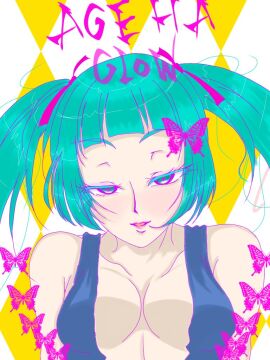 1girls ageha_glow_(vocaloid) aqua_eyes aqua_hair bare_shoulders blue_eyebrows blue_eyelashes blunt_bangs blush breasts bug butterfly collarbone copyright_name eyebrows eyebrows_visible_through_hair eyelashes eyelashes_visible_through_hair female hair_ribbon half-closed_eyes hatsune_miku looking_at_viewer masa_works_design murorin mv_character parted_lips pink_ribbon ribbon short_bangs solo solo_female song_name tagme text twintails vocaloid