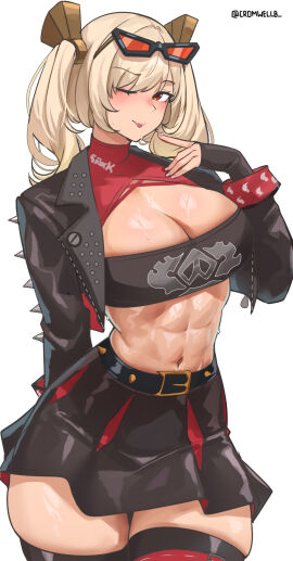 abs blush burnice_white cromwellb double_ponytail female goggles goggles_on_head jacket looking_at_viewer muscular muscular_abdomen muscular_abs muscular_female one_eye_closed skirt smiling_at_viewer sweaty_body thick_thighs thighhighs tomboyish tongue tongue_out winking winking_at_viewer zenless_zone_zero