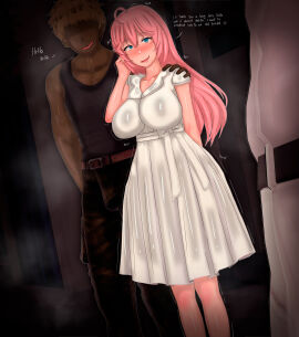 1girls 2boys 3d :d absurd_res absurdres after_sex after_vaginal background_character blue_eyes boyfriend-girlfriend breasts cheating cheating_girlfriend cuckold dark-skinned_male dark_skin dialogue dress english_text female hand_on_another's_shoulder hi_res high_resolution highres kaori_sakuragi_(vyrus_smith) looking_at_another looking_at_viewer male multiple_boys multiple_males netorare ntr open_mouth open_smile original pink_hair pussy text vyrus_smith white_dress