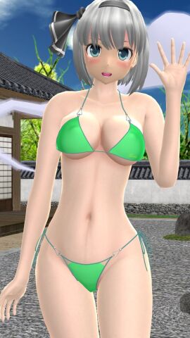 1girls 2024 3d adult_female bikini black_ribbon blush clipping clouds cyan_eyes female ghost_girl green_bikini hati_yukkuri_mmd headband japanese_house light-skinned_female light_skin looking_at_viewer mmd one_arm_up outdoors perfect_cherry_blossom sky solo_female solo_focus swimsuit touhou waving_at_viewer waving_hand white-haired_female youmu_konpaku