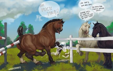 1boy 1male 2girls anal_juice anal_masturbation anal_orgasm anatomically_correct anatomically_correct_genitalia angry angry_female animal_anus animal_balls animal_ears animal_genitalia animal_penis animal_tail backsack balls ballsack black_balls black_body blush boner brown_body brown_fur brown_hair cloud clouds color colored cross-eyed cum cumming cumming_from_anal cumming_while_penetrated digitigrade dissappointed_look donut_anus drool drool_string drooling ejaculating ejaculating_cum ejaculation erection excessive_cum exclamation exclamation_point farm female fence feral flared_penis grass hard_cock hard_on hooves horny horny_expression horny_face horse horse_anus horse_ears horse_penis horse_tail horsecock in_heat laser_(artist) looking_up male male_penetrated masturbating masturbation moaning muscular muscular_male outdoors outside penis picket_fence profanity ringed_penis shadow shadows sky stallion standing text text_bubble tongue tongue_out tree trees white_body