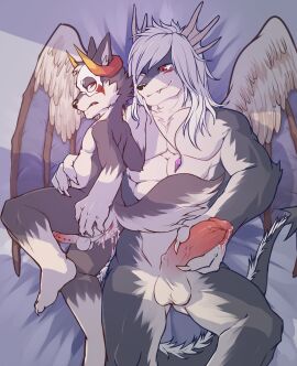 2_horns abs after_anal anthro ass balls bed belly_grab bent_leg black_body black_fur bodily_fluids canid canine canis cum cum_dripping_from_penis cum_from_ass cum_in_ass cum_inside cum_on_ass cum_on_butt demon domestic_dog duo erection foreskin frenum_ladder frenum_piercing fur furniture genital_fluids genital_piercing genitals grimace hair hand_on_ass hand_on_butt hi_res holding_own_penis horn humanoid_genitalia humanoid_penis hybrid ladder_piercing lying male male/male mammal mask multicolored_body muscular muscular_male nude on_back on_bed on_side one_eye_closed one_leg_up pecs penis penis_piercing piercing raised_leg raised_tail red_eyes retracted_foreskin shoulder_grab slightly_chubby smile smirk spread_ass spread_butt spreading tail two-tone_body uncircumcised vein veiny_penis white_body white_fur white_hair wings wolf wuyabottom wuyabottom_(character)