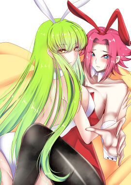 2girls asymmetrical_docking big_breasts blue_eyes breasts bunny_ears bunnysuit c.c. cleavage code_geass duo female female_only green_hair large_breasts long_hair looking_at_viewer looking_back oojonazaresu red_hair yellow_eyes
