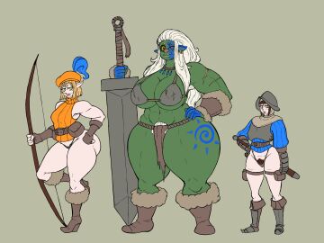 2d 3girls archer armor armored_boots barbarian beauty_mark beret big_breasts black_sclera blonde_hair boots bow_(weapon) breastplate breasts brown_hair elf elf_female feather_hat female female_only freckles fur_boots giant_sword green_eyes green_skin hat heel_boots helmet huge_breasts huge_thighs human human_female ivanpanced_(artist) light-skinned_female light_skin loincloth multiple_females multiple_girls muscular muscular_female orc orc_female original pointed_ears pointed_nose pubic_hair pubic_hair_peek ring_piercing scars self_upload simple_background soldier sword thick_thighs thigh thong warpaint weapon wedge_heels white_hair yellow_eyes