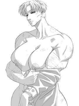 2d 2d_(artwork) areolae bandages bandages_around_breasts bandages_around_chest big_breasts black_and_white breasts bruises dress_down female female_only ivona_(nr4ces) looking_away mole_under_mouth monochrome muscular muscular_arms muscular_female muscular_thighs nipples nr4ces pubic_hair pussy scars scars_all_over scorched_(series) short_hair thick_thighs thighs tired_expression tired_eyes undressing vagina white_background