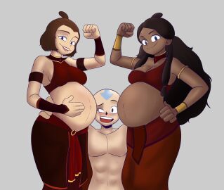 1boy 2girls aang air_nomad airbender_tattoo avatar_legends avatar_the_last_airbender cheating cheating_girlfriend cuckold dark-skinned_female dark_skin double_pregnancy earth_kingdom face_squish female fine_art_parody fire_nation_clothing harem harem_girls human katara klassyarts_(artist) light-skinned_female light-skinned_male light_skin male multiple_females multiple_girls multiple_pregnancies nonbender pregnant pregnant_belly_to_pregnant_belly pregnant_female public_domain repopulation suki the_avatar water_tribe