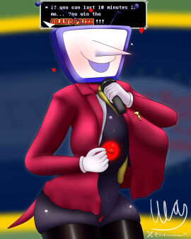 2025 4:5 absurd_res antennae_(anatomy) ass big_breasts big_butt big_nose black_body blush bodily_fluids breasts clothed clothing darkner deltarune dialogue digital_drawing_(artwork) digital_media_(artwork) electronics english_text female genital_fluids genitals glistening glistening_body gloves handwear hi_res humanoid legwear microphone necktie nipples not_furry partially_clothed presenting presenting_breasts red_clothing red_suit rule_63 signature smile solo stockings suit suit_jacket sweat television tenna_(deltarune) text text_box thick_thighs undertale_(series) unknownlemon vulva white_clothing