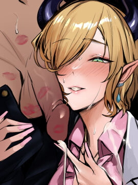 1boy 1girls balls blonde_hair blush clothes_pull collared_shirt cum cum_on_clothes cum_on_hands dark-skinned_male dark_skin demon demon_girl demon_horns earrings female fingernails green_eyes hair_over_one_eye hololive hololive_gen_2 hololive_japan horns hoshara jewelry lipstick_mark lipstick_mark_on_balls lipstick_mark_on_penis long_fingernails male navel open_fly pants pants_pull parted_lips penis penis_awe pink_nails pink_shirt pointy_ears posing_with_dick posing_with_penis shirt short_hair succubus sweat virtual_youtuber yuzuki_choco
