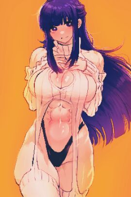 abs absurdres alternate_muscle_size black_panties blunt_bangs blush breasts cleavage_cutout clothing_cutout cowboy_shot cropped_sweater detached_sleeves female fern_(sousou_no_frieren) garter_straps hands_on_own_chest highres large_breasts long_hair looking_at_viewer meme_attire muscles muscular muscular_female orange_background panties pixel_art purple_eyes purple_hair ribbed_sleeves ribbed_sweater ribbed_thighhighs sideboob simple_background sleeveless sleeveless_turtleneck solo sousou_no_frieren split_mouth spoiledmuffin straight_hair sweater thighhighs thong turtleneck turtleneck_sweater underwear very_long_hair virgin_destroyer_sweater white_garter_straps white_sweater white_thighhighs