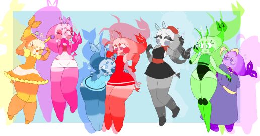 7girls alternate_universe big_thighs chubby_female clothed clown clown_girl dandy's_world female genderswap genderswap_(mtf) mime mime_girl multiple_females multiple_girls revealing_clothes roblox_game robot robot_girl rule_63 sfw shrimp shrimpo_(dandy's_world) shrimpopussy variations