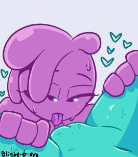1boy 1girls blightstar blue_body close-up cunnilingus dripping_slime female hands_on_thighs heart licking looking_at_partner looking_up male original original_character pink_body pussy short_hair simple_eyes slime slime_boy slime_girl tagme tongue tongue_out vagina