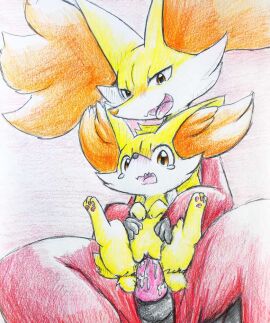 bodily_fluids canid canine delphox duo eiroru female fennekin feral fox fur generation_6_pokemon genitals holding_leg holding_thigh humanoid knot male male/female mammal nintendo open_mouth penetration pokemon pokemon_(species) pussy red_body red_fur sitting size_difference tears tongue vaginal_penetration yellow_body yellow_fur