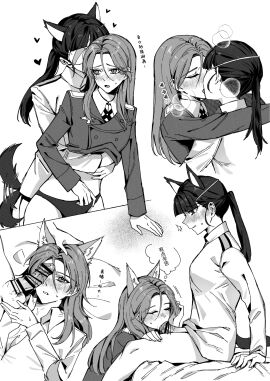 2girls animal_ears balls blush breasts caressing_testicles closed_eyes dog_ears dog_girl dog_tail drlee_lili fellatio female futanari greyscale heart highres intersex kissing looking_at_another medium_breasts military_uniform minna-dietlinde_wilcke monochrome multiple_females multiple_girls oral panties penis sakamoto_mio saliva strike_witches tail tail_wagging testicles underwear wolf_ears wolf_girl wolf_tail world_witches_series