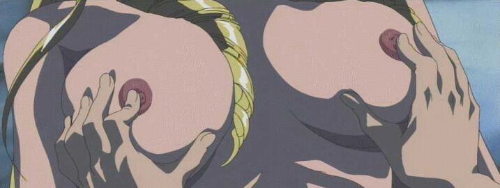 00s 2001 animated anime_screenshot between_breasts bible_black big_breasts blonde_hair breasts drill_hair female grabbing_another's_breast groping large_breasts lowres minase_taki nipple_stimulation nipple_tweak nipples shiraki_rika small_nipples tagme topless