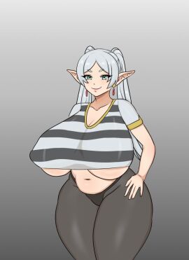 1girls big_breasts black_panties bottomwear breasts clothed ear_piercing earrings female female_only frieren green_eyes hair hips huge_breasts jigovax large_breasts leggings legwear looking_at_viewer navel no_bra panties pointy_ears shirt smile solo solo_female sousou_no_frieren striped_shirt thick_thighs thighs topwear twintails underboob white_hair wide_hips