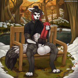 abs animal_genitalia animal_penis autumn balls bench big_balls big_penis clothed clothing clothing_lift detailed_background equine_genitalia equine_penis genitals hi_res hybrid_genitalia hybrid_penis knot knotted_equine_penis male male_only masturbation medial_ring muscular nature outside park park_bench penis pond public public_nudity sheath shirt shirt_lift sitting snow solo topwear