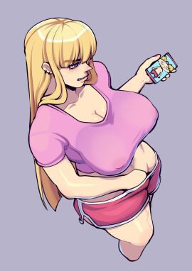 bangs blonde_hair blue_eyes butter_sugoi cleavage ear_piercing earrings erect_nipples eyebrows_visible_through_hair female female_focus female_only helga_pataki hey_arnold! long_hair masturbation nickelodeon nipple_bulge nipples phone tagme