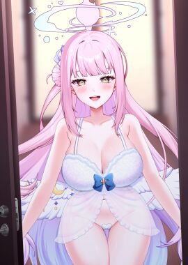 1girls angel_wings babydoll blue_archive blue_bow blue_flower blurry blurry_background blush bow breasts cleavage collarbone cross doorway feathered_wings female female_only flower groin hair_bun hair_flower hair_ornament hair_ribbon halo heart_maebari heart_pasties highres hoshino_miku huge_breasts light-skinned_female light_skin long_hair looking_at_viewer low_wings maebari mika_(blue_archive) open_mouth pasties pink_hair pink_halo purple_flower pussy pussy_pasty ribbon single_side_bun smile solo tea_party_(blue_archive) teeth thighs trinity_general_school_student upper_teeth white_babydoll white_heart_pasties white_pasties white_ribbon white_wings wings yellow_eyes