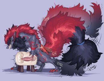 1boy animal_genitalia animal_penis balls big_balls big_penis big_tail blue_scarf blush bodily_fluids breeding_mount breeding_mount_use canid canine canine_genitalia canine_penis claws clenched_eyes clenched_teeth closed_eyes cum cum_inside digital_media_(artwork) dragongutted ejaculation erection feral fluffy fluffy_tail fox fur fusion genital_fluids genitals grey_body grey_fur hi_res huge_tail knot knotting male male_only mammal markings multicolored_body nintendo onomatopoeia paws penetration penile penis pokemon pokemon_(species) pokemon_fusion pokémon_(species) scarf sex sex_toy simple_background solo sound_effects tail tail_motion tailwag teeth tense text thievul thrusting zoroark zorro_(valdusaetherius)