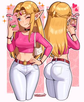 a_link_between_worlds absurdres alternate_costume ass bag belly belly_button belt big_ass big_butt bimbo blonde_hair bracelet bubble_ass bubble_butt casual cellphone circlet contemporary crop_top cropped_legs cute eyelashes female hand_on_hip hand_on_own_hip handbag heart highres hourglass_figure huge_ass jewelry large_ass long_hair midriff midriff_showing multiple_views navel nintendo one_eye_closed pants parted_bangs pendant_choker phone pink_shirt pointy_ears princess_zelda round_ass round_butt sarukaiwolf shirt smartphone smartphone_case smile solo stomach the_legend_of_zelda the_legend_of_zelda:_a_link_between_worlds triforce_earrings v white_pants wink zelda_(a_link_between_worlds)