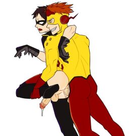 anal_sex batman_(series) clothed_sex dc dc_comics dick_grayson from_behind gay gay_sex kid_flash leaking_precum male_only mostly_clothed robin_(dick_grayson) smile the_flash_(series) wally_west young_justice