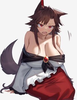 1girls animal_ears animal_tail big_breasts breasts brown_hair cleavage clothed_female cute_fang female huge_breasts kagerou_imaizumi kemonomimi light-skinned_female light_skin long_hair long_nails nail_polish oerba_yun_fang painted_nails red_eyes red_nails slit_pupils solo solo_female suminagashi tail touhou white_background wolf_ears wolf_girl wolf_tail