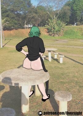 1girls artist_name artist_signature ass ass_focus ass_up back_view background big_ass big_butt female female_only green_hair half-dressed half_naked no_panties on_table one-punch_man outside overnight real_life real_life_background sitting_down solo table tatsumaki thick_ass thick_legs