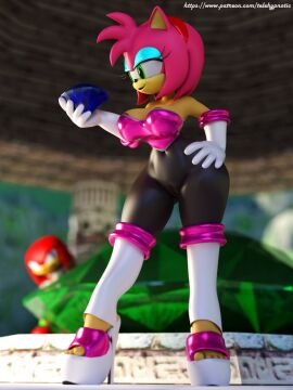 3d amy_rose amy_the_bat anthro anthro_only bodysuit breasts chaos_emerald curious curvy_female female heels knuckles_the_echidna neckline rouge_the_bat_(cosplay) sonic_(series) spandex_suit telehypnotic tights