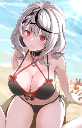 bare_shoulders breasts cleavage crab female grey_hair hololive hololive_japan holox looking_at_viewer multicolored_hair outdoors pinching sakamata_chloe short_hair smile solo streaked_hair swimsuit tonton_utaro virtual_youtuber