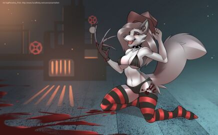 2021 5_fingers anthro black_bra black_clothing black_nose black_panties black_underwear blood_on_ground blood_on_leg bloody_hand_print bodily_fluids boiler bra breasts canid canid_demon canine claw_gloves claws cleavage clothed clothing collar cosplay crossover crossover_cosplay demon digital_media_(artwork) ear_piercing ear_ring exposure_variation fedora female finger_claws fingers freddy_krueger fur furry gloves grey_body grey_fur hair hand_print handwear hat headgear headwear hellhound helluva_boss kneeling legwear long_hair looking_at_viewer loona_(helluva_boss) mammal multicolored_body multicolored_fur mythological_canine mythological_creature mythology navel nightmare_on_elm_street nipple_outline one_glove open_mouth open_smile panties pattern_clothing pattern_legwear pattern_stockings piercing pinup piranha_fish pose red_sclera ring_piercing silver_hair skimpy smile solo spiked_collar spikes stockings striped_clothing striped_legwear striped_stockings stripes teeth text thigh_high_stockings three-quarter_view tongue tongue_out two-tone_body two-tone_fur underwear url white_body white_eyes white_fur