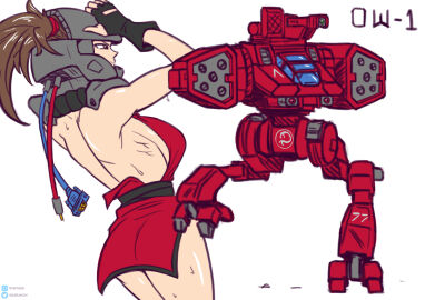 2024 bare_back battlemech battletech breasts brown_hair buttpants clothed_female female gloves helmet house_kurita inkeranon mech mechwarrior owens_(battlemech) pinup ponytail revealing_clothes sideboob signature solo_female sweat tagme